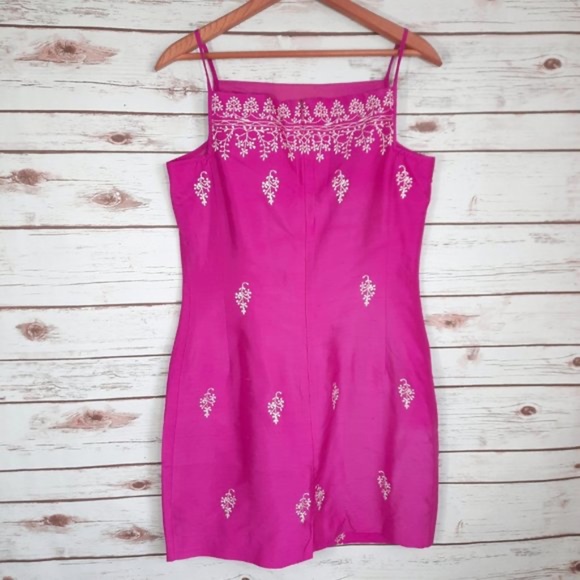 💕 Ann Taylor, Vintage Bubblegum Bitch Embroidered Silk Dress - Picture 4 of 15